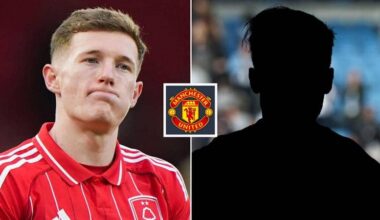 Split image of Nottingham Forest midfielder Elliot Anderson and a shadow with the Manchester United badge in between – copyright TEAMtalk
