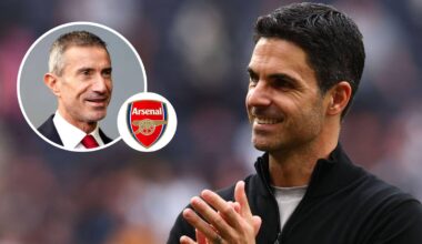 Arsenal sporting director Andrea Berta, Arsenal badge and manager Mikel Arteta – copyright TEAMtalk