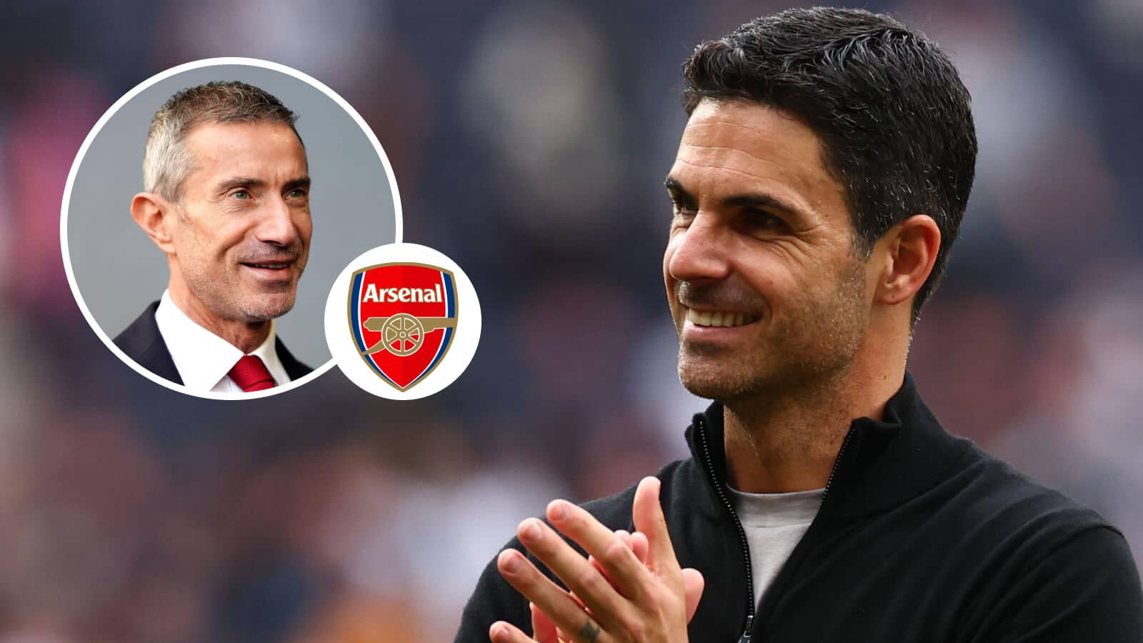 Arsenal sporting director Andrea Berta, Arsenal badge and manager Mikel Arteta – copyright TEAMtalk