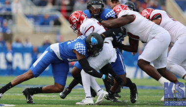 Feb 24, 2026; Columbia, South Carolina, USA; Kentucky Wildcats guard Denzel Aberdeen (1) celebrates a three point basket against the South Carolina Gamecocks during the first half at Colonial Life Arena. Mandatory Credit: Jeff Blake-Imagn Images