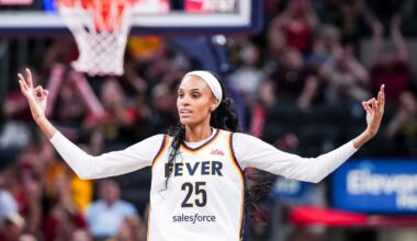 Indiana Fever forward DeWanna Bonner (25) celebrates a 3-pointer Tuesday, June 3, 2025, during a game between the Indiana Fever and the Washington Mystics at Gainbridge Fieldhouse in Indianapolis.