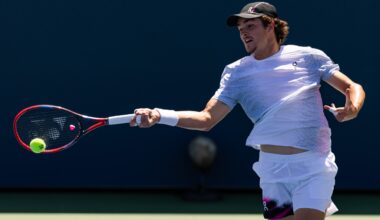 Joao Fonseca hits a forehand against Miomir Kecmanovic at the 2025 US Open.