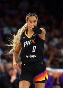 Sep 9, 2025; Phoenix, Arizona, USA; Phoenix Mercury forward Satou Sabally (0) reacts after a shot against the Los Angeles Sparks during the second half of a WNBA game at PHX Arena. Mandatory Credit: Mark J. Rebilas-Imagn Images