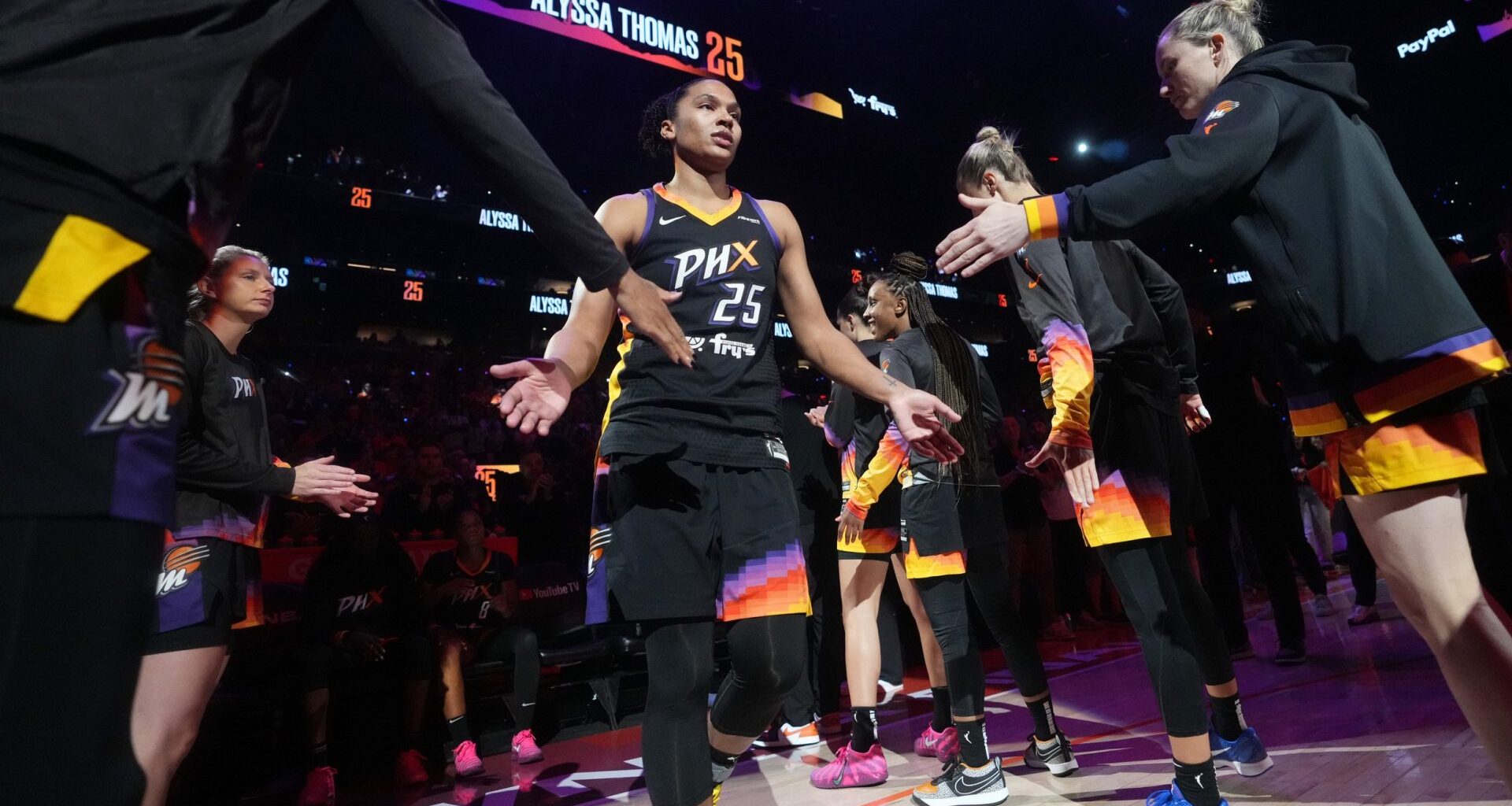 Phoenix Mercury forward Alyssa Thomas (25) is introduced before the WNBA Finals Game 3 against Las Vegas Aces at Mortgage Matchup Center in Phoenix on Oct. 8, 2025.