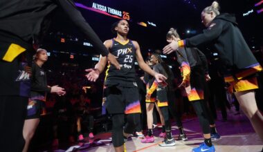 Phoenix Mercury forward Alyssa Thomas (25) is introduced before the WNBA Finals Game 3 against Las Vegas Aces at Mortgage Matchup Center in Phoenix on Oct. 8, 2025.