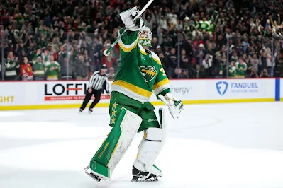 Minnesota Wild goaltender Jesper Wallstedt celebrates after win during 2026 game.