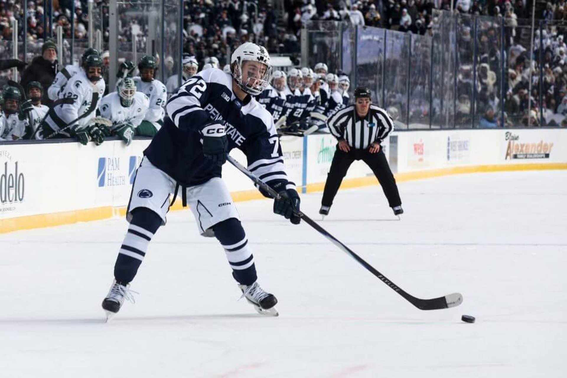 Penn State Nittany Lions forward Gavin McKenna looks to shoot the puck during the first period against the Michigan State Spartans at Beaver Stadium on Saturday.