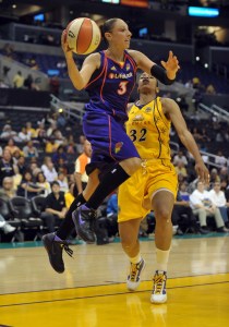 Jun 8, 2010; Los Angeles, CA, USA; Phoenix Mercury forward Diana Taurasi (3) is defended by Los Angeles Sparks forward Tina Thompson (32) at the Staples Center. The Sparks defeated the Mercury 92-91. Mandatory Credit: Kirby Lee/Image of Sport-USA TODAY Sports