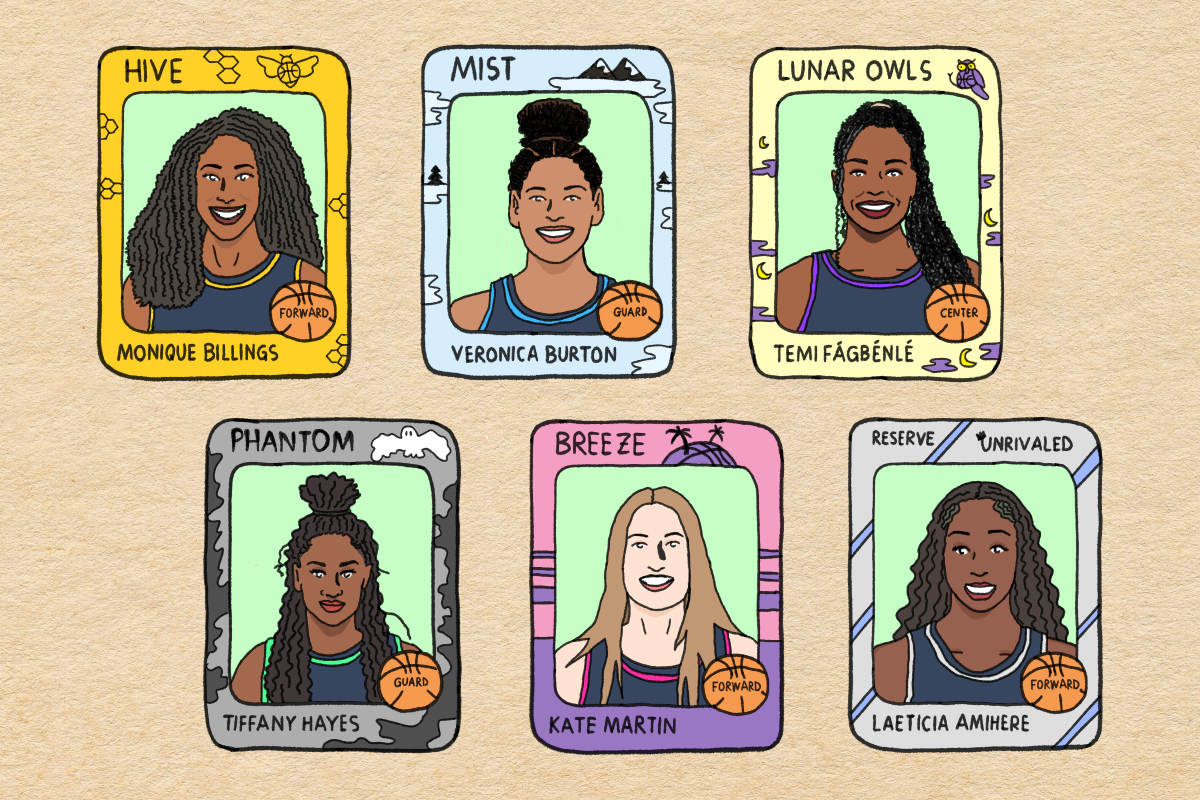 Six illustrated Unrivaled basketball trading cards feature WNBA players Monique Billings, Veronica Burton, Temi Fagbenle, Tiffany Hayes, Kate Martin, and Laeticia Amihere with colorful backgrounds.