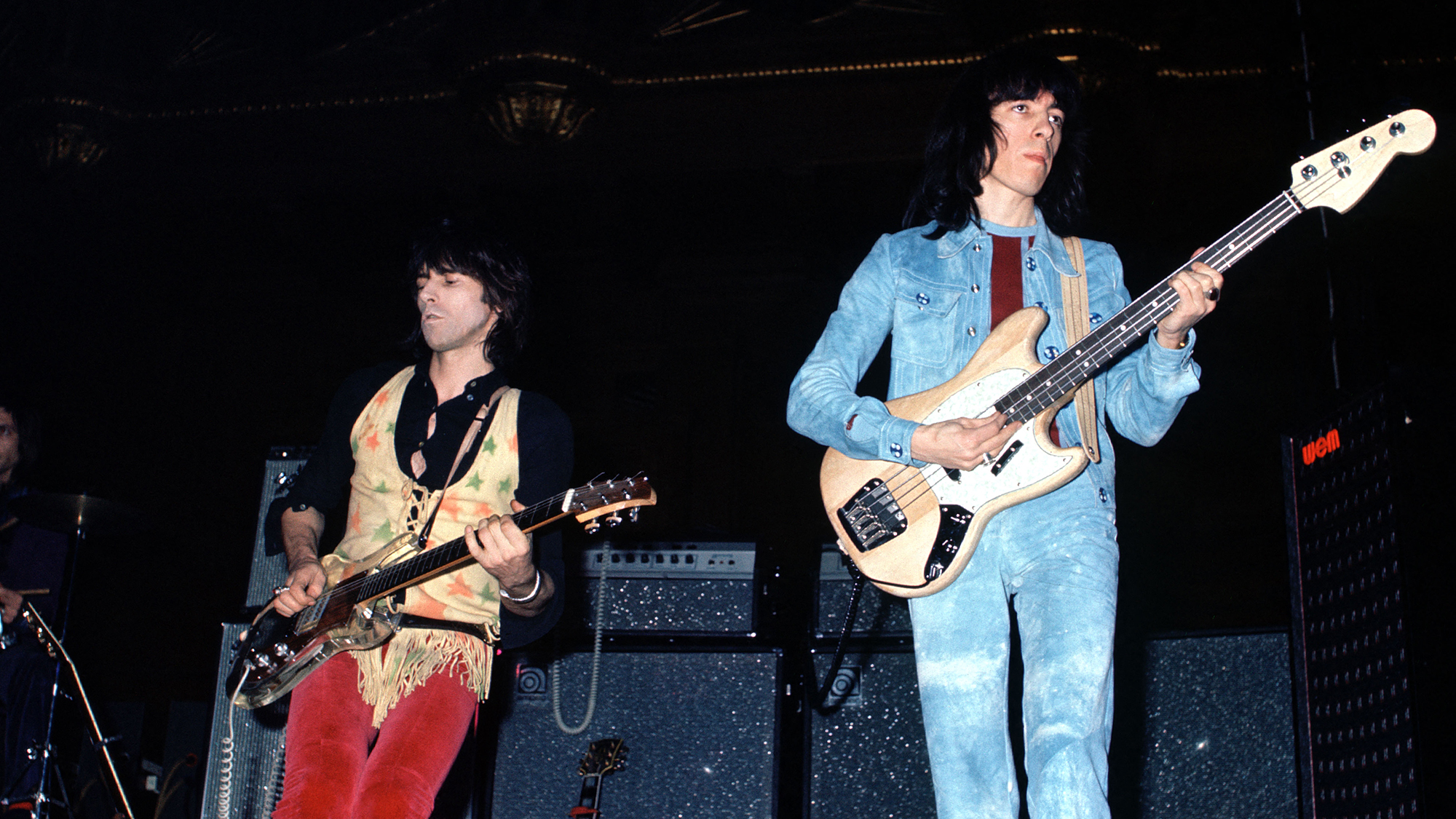 Keith Richards and Bill Wyman of the The Rolling Stones (Charlie Watts can just be seen) One of the oldest and best pop groups.. Image shot 1970.