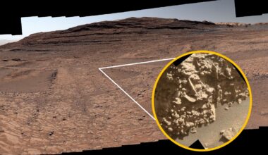 A photo of Mars's surface with a close-up image of tiny egg-like nodules inset