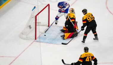 US captain Auston Matthews pounds the puck into an empty net behind German netminder Maximilian Franzreb to cap the scoring in the Americans' 5-1 victory Sunday.