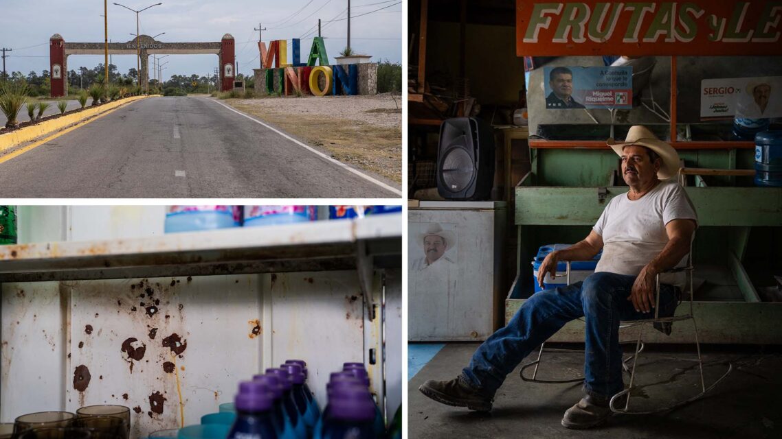 Three photos, one showing an entrance road and signpost reading Villa Union, another showing bullet holes in a wall, and the third showing former mayor Sergio Cárdenas