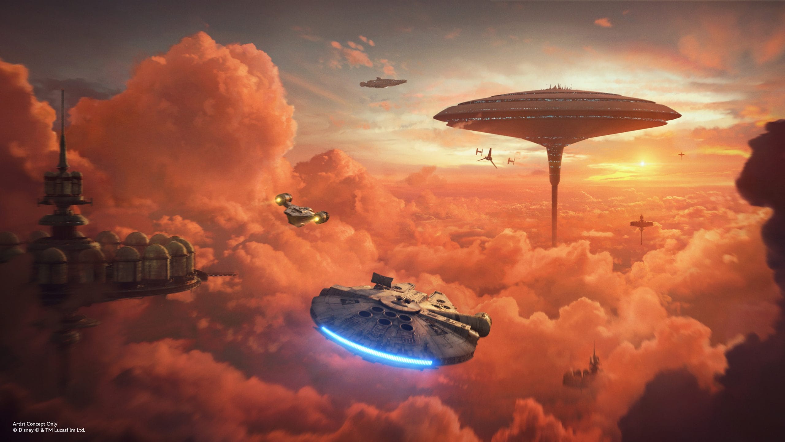 Spaceships, including the iconic Millennium Falcon, fly among futuristic floating structures against a sunset sky filled with orange clouds, evoking the adventurous spirit of the Mandalorian as they navigate this celestial landscape.