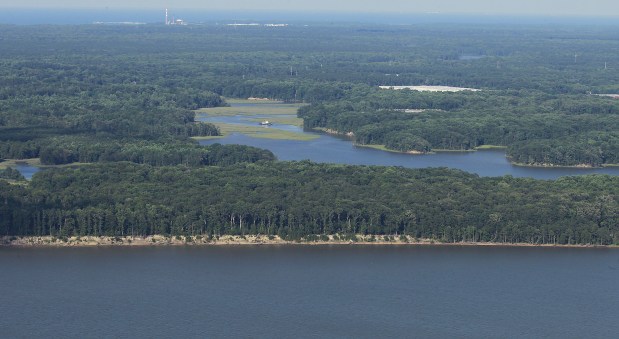 The area along the James River is where a proposed Dominion Energy transmission line would come ashore. Skiffes Creek can be seen running down to the James River.