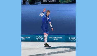 Jordan Stolz after finishing setting an Olympic record in the 1000m race in Rho, Italy. (Photo: Lori Nickel)