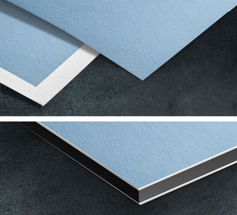 Two close-up images compare print finishes: the top shows two pale blue textured paper prints with white borders, while the bottom shows a blue print mounted on a thick, black-edged board, all on a dark surface.