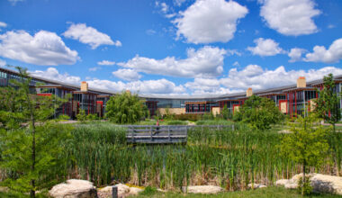 Epic’s corporate headquarters in Verona, Wis., features a geothermal heating and cooling network buried beneath the buildings. Credit: Courtesy of Epic