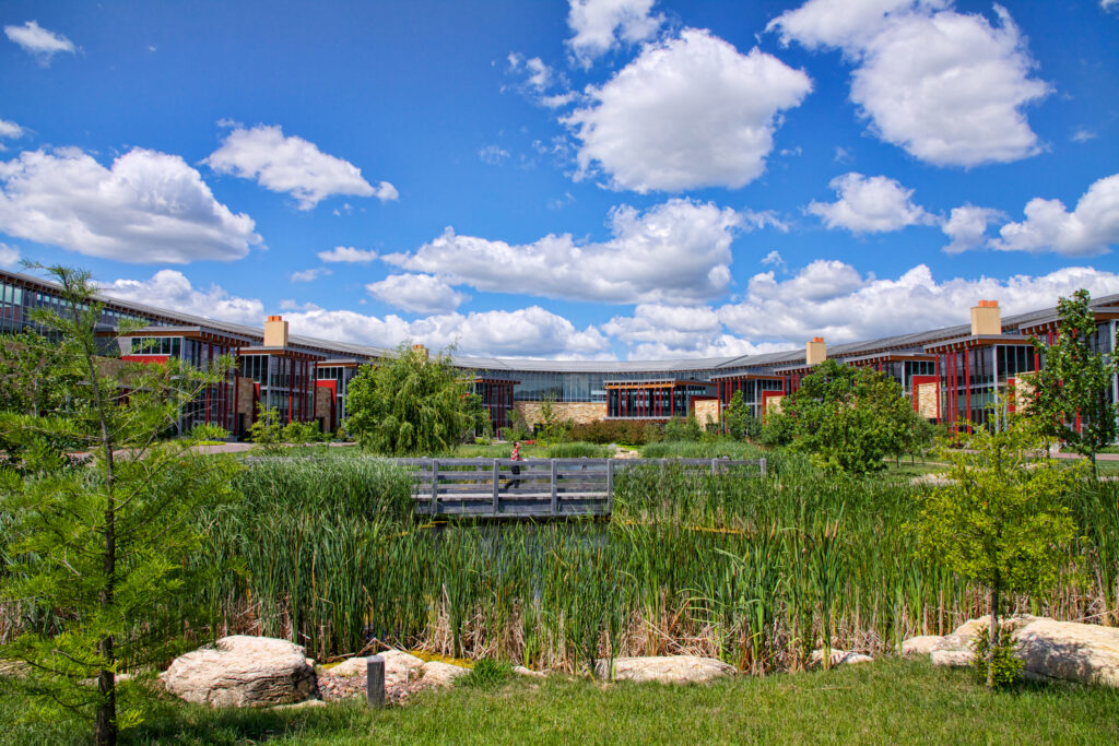 Epic’s corporate headquarters in Verona, Wis., features a geothermal heating and cooling network buried beneath the buildings. Credit: Courtesy of Epic