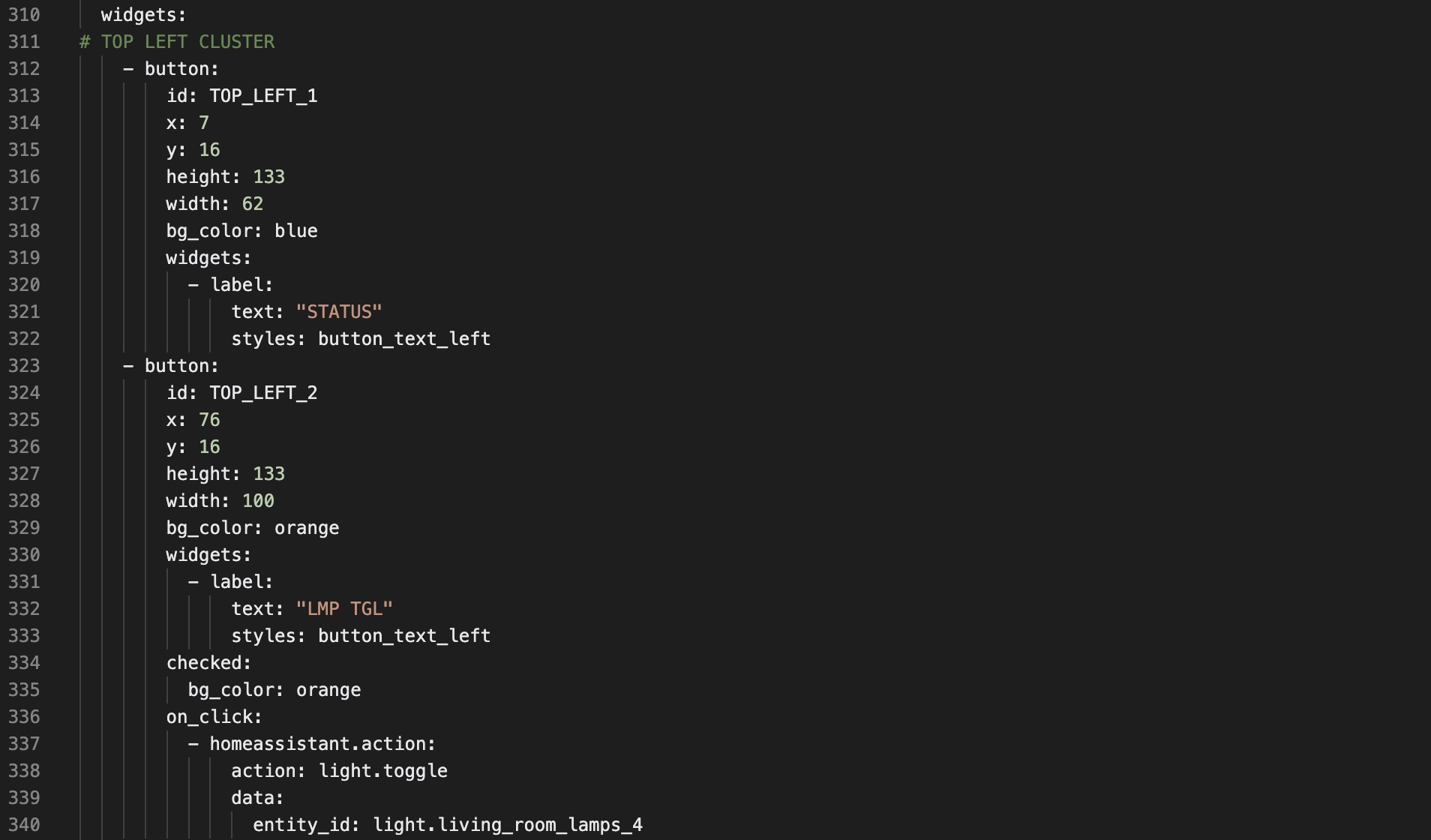 YAML showing the construction of two buttons for an LCARS control interface from Star Trek