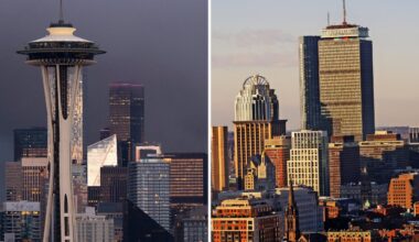 Seattle’s cityscape, including the Space Needle, and a competing view in Boston, including the Prudential Tower.