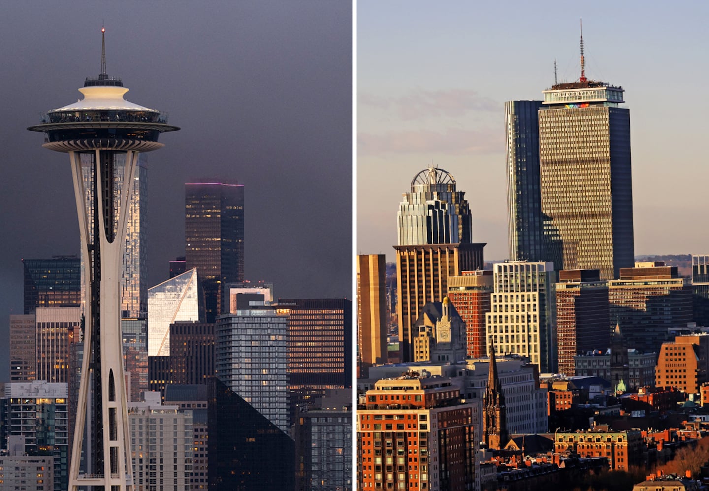 Seattle’s cityscape, including the Space Needle, and a competing view in Boston, including the Prudential Tower.