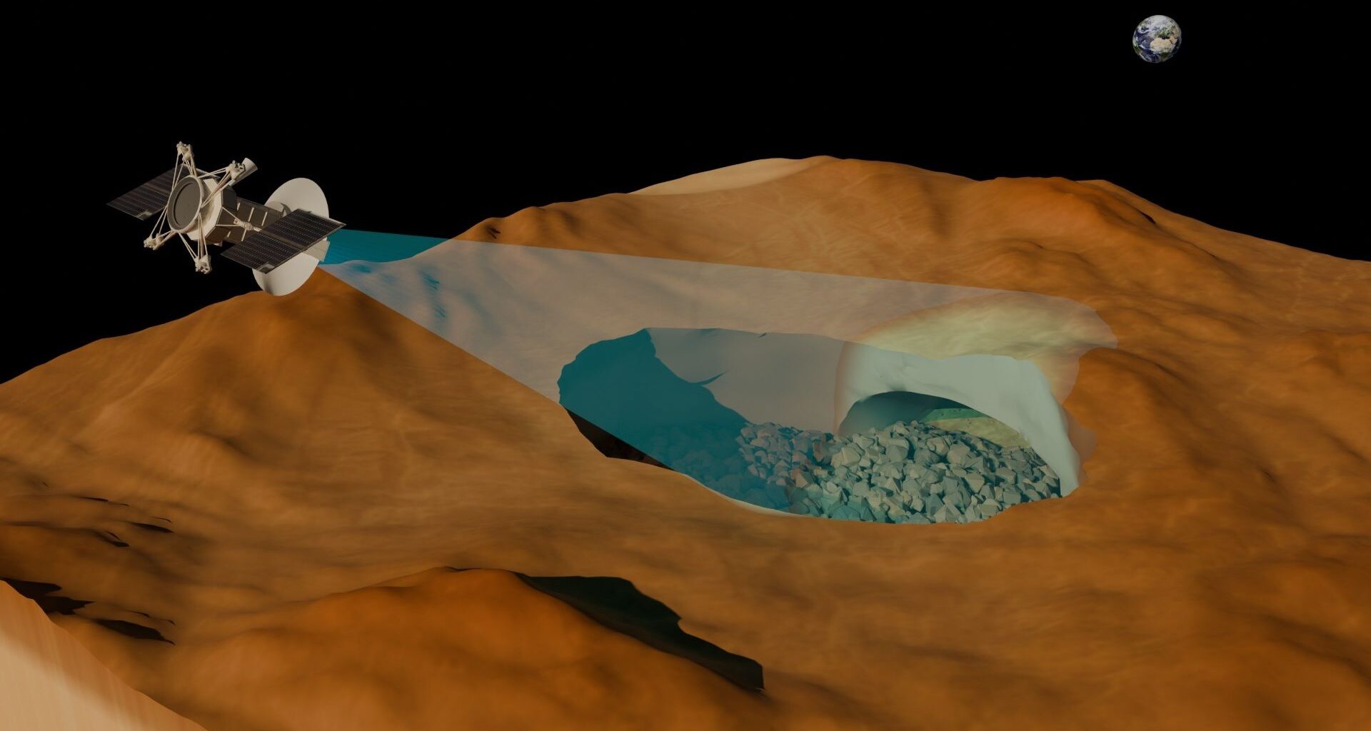 An illustration showing a floating spacecraft with a blue search beam looking down at the reddish bumpy surface of Venus with Earth in the far distance