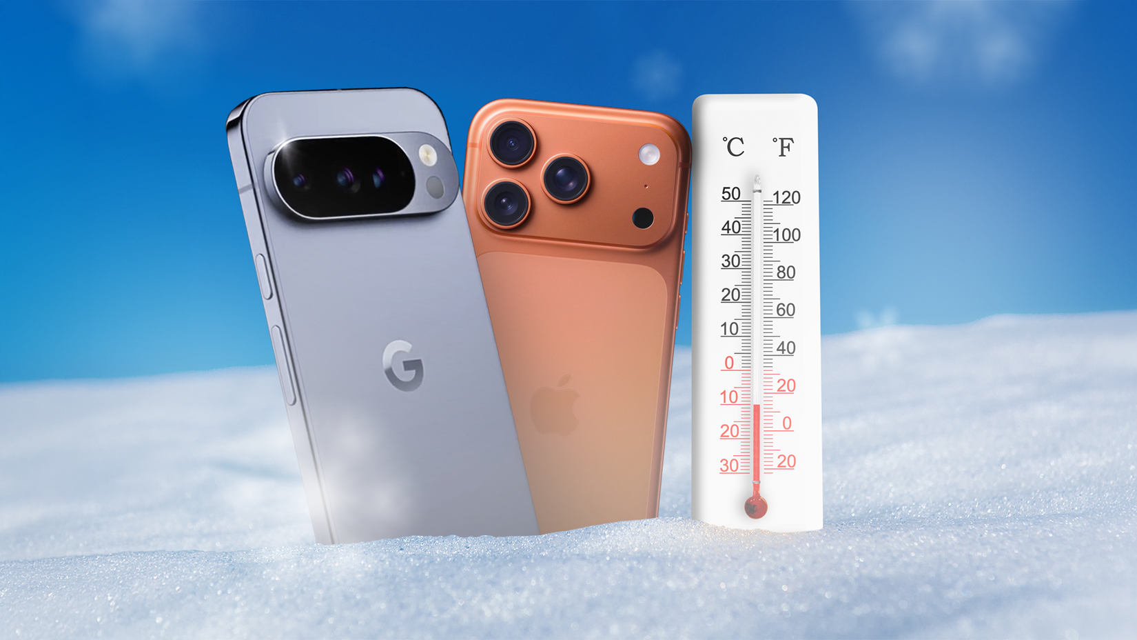 A Google Pixel and an iPhone stuck in snow next to a thermometer indicating freezing temperatures.