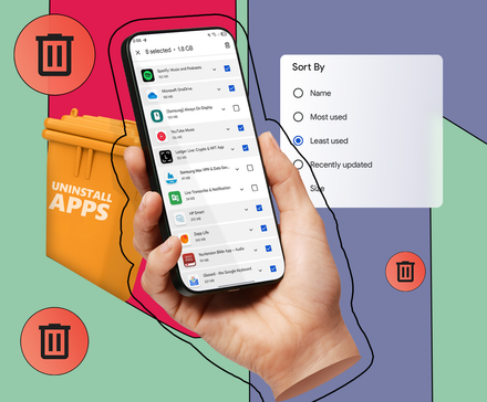 A hand holding a smartphone showing a list of apps selected for deletion, with a sorting menu set to 'Least used' and a trash bin labeled 'Uninstall Apps' in the background.