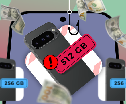 A smartphone labeled 512 GB hooked like bait, surrounded by falling dollar bills, with two 256 GB phones below.