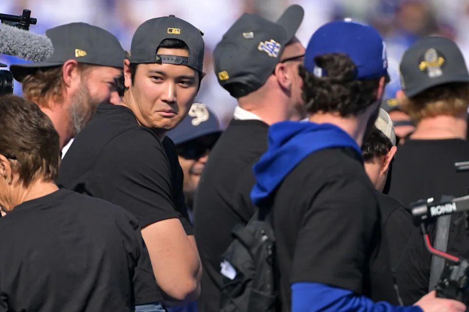 Nov 3, 2025; Los Angeles, CA, USA; Los Angeles Dodgers designated hitter Shohei Ohtani (17) looks on during the World Series celebration at Dodger Stadium. Mandatory Credit: Jayne Kamin-Oncea-Imagn Images