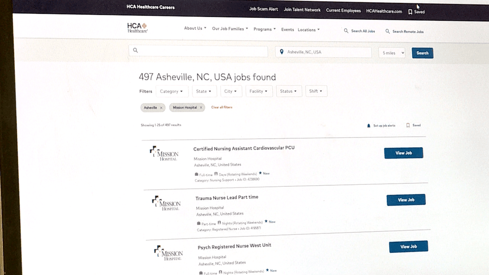 HCA Healthcare's careers page for Mission Hospital shows nearly 500 available job openings. (WLOS)