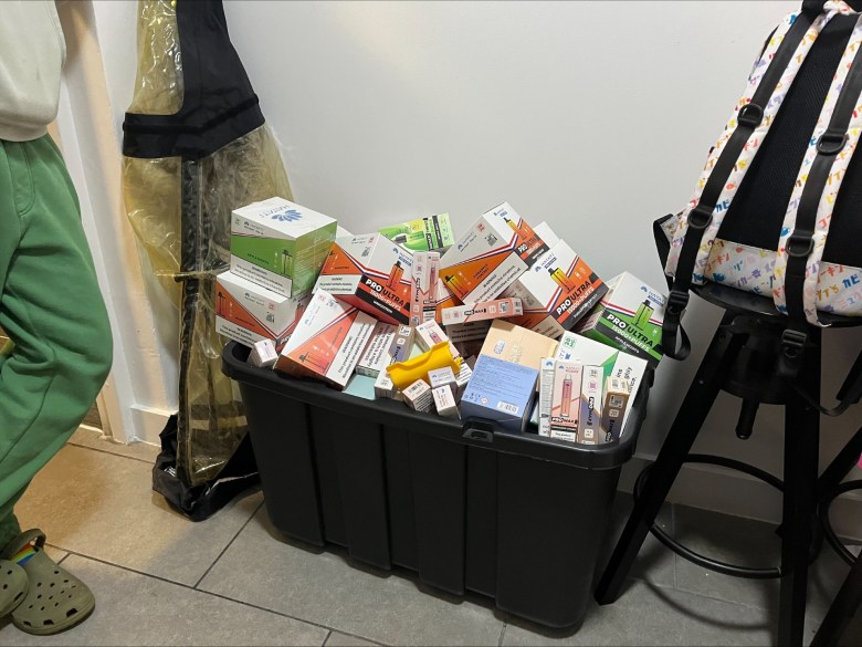 The box filled with vapes and devices that weren't sold in time