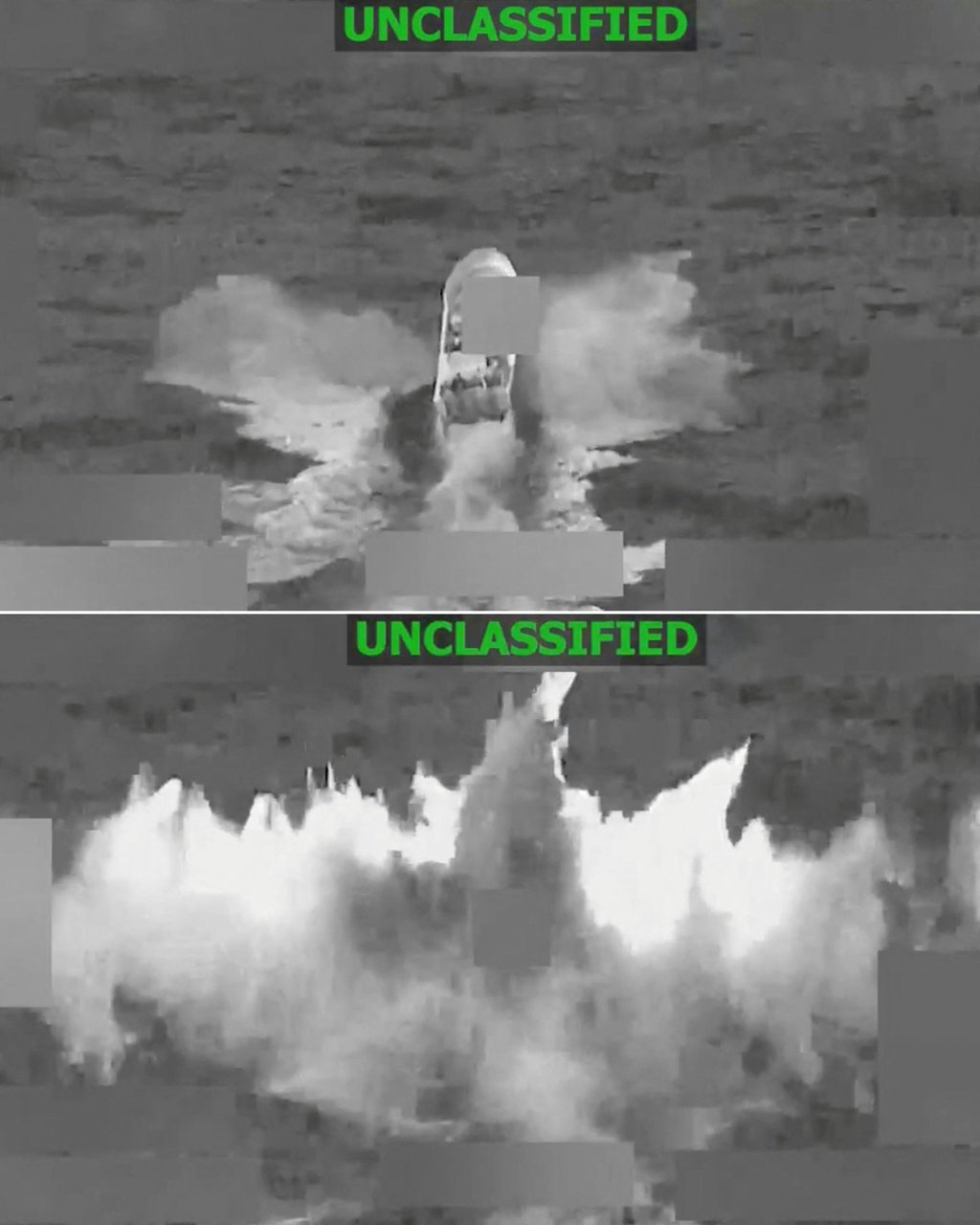A combination of screen grabs from a video posted on February 5 shows a vessel before (top) and during a US anti-narcotics strike. Photo: X/US Southern Command/AFP