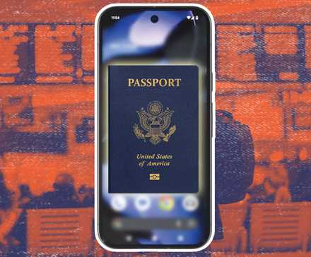 An Android phone with a US passport on top of the screen with a blurred background of a waiting area at a terminal in an airport