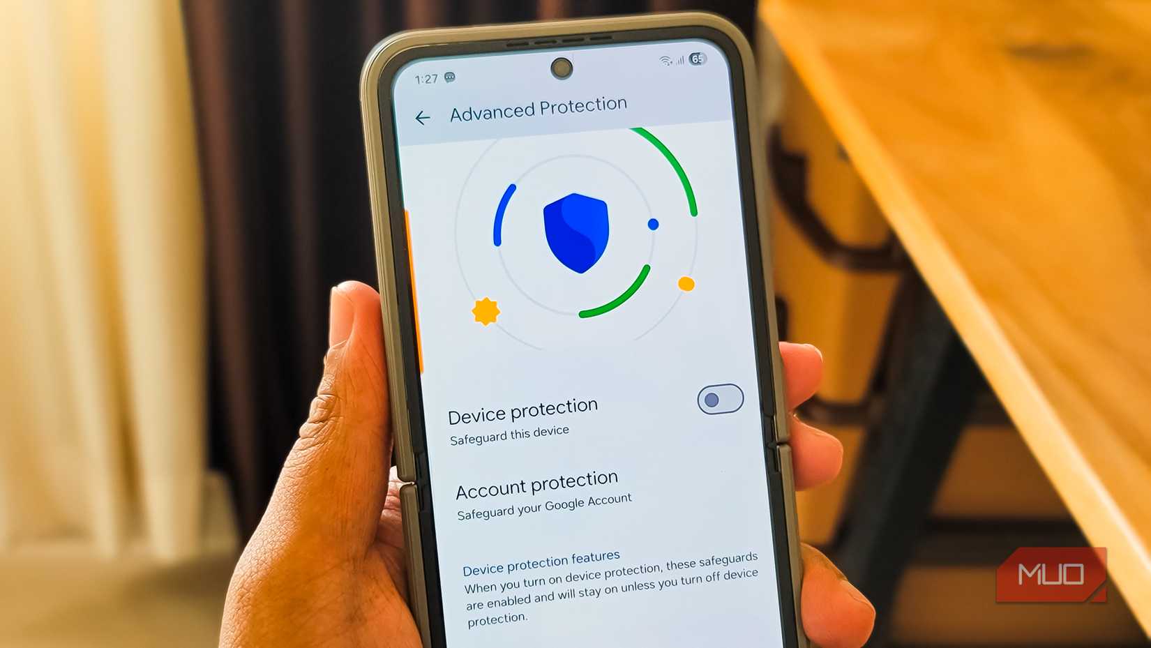 Advanced protection settings open on a Samsing Galaxy Z Flip running Android 16
