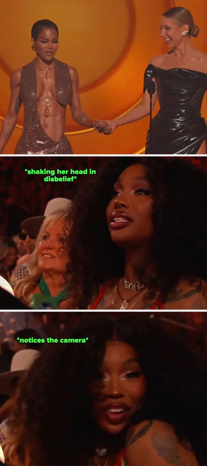 Two people on stage, holding hands. One wears a shimmering, revealing gown; the other dons a sleek, off-shoulder dress. They appear cheerful