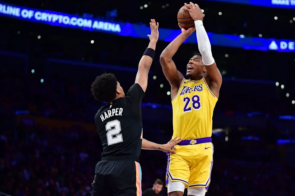Feb 10, 2026; Los Angeles, California, USA; Los Angeles Lakers forward Rui Hachimura (28) shoots against San Antonio Spurs guard Dylan Harper (2) during the first half at Crypto.com Arena. Mandatory Credit: Gary A. Vasquez-Imagn Images