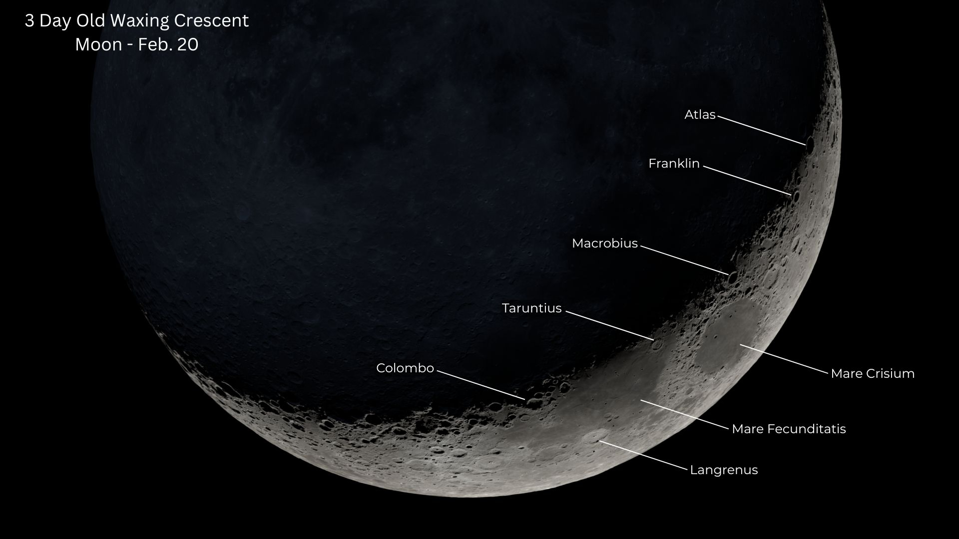 A crescent moon is shown against a black sky with major lunar seas and impact craters labelled in white.