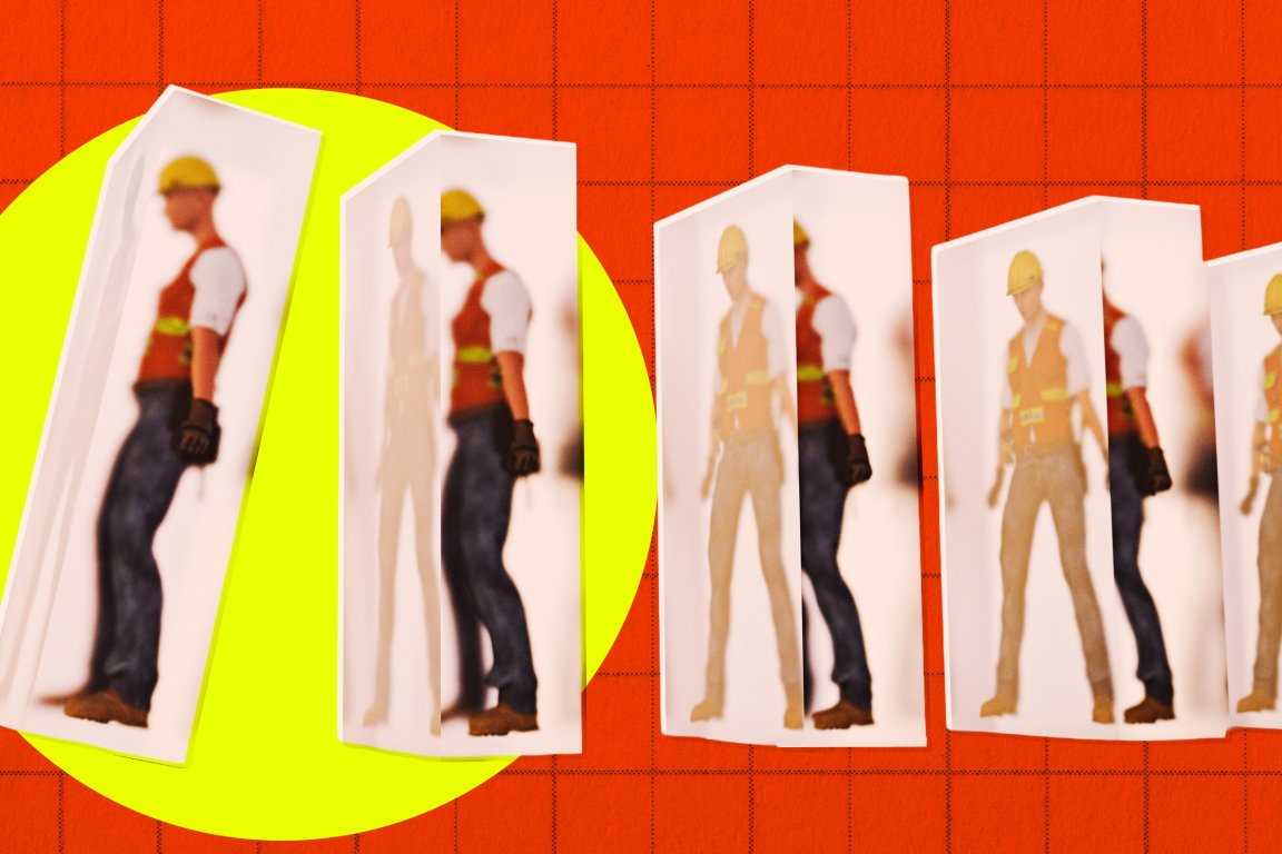 A series of translucent, folded paper-like panels each displaying a blurred image of a construction worker wearing a yellow hard hat, orange safety vest, white shirt, blue pants, black gloves, and brown boots. The panels are arranged in a row against a bright orange background with a large yellow circle behind the first two panels. The images on the panels appear to be reflections or shadows of the construction worker in different poses.