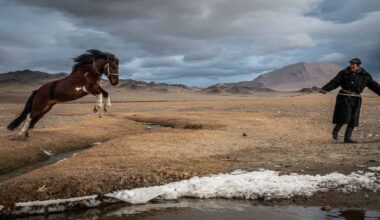 A photograph by Claire Thomas of a Kazakh man encouraging a large horse to leap over a stream