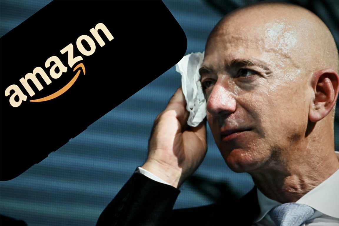 A close-up of Jeff Bezos in a suit and tie wiping sweat from his face with a tissue. To the left, there is a large black shape with the Amazon logo in white and orange. The background is blurred with horizontal lines.