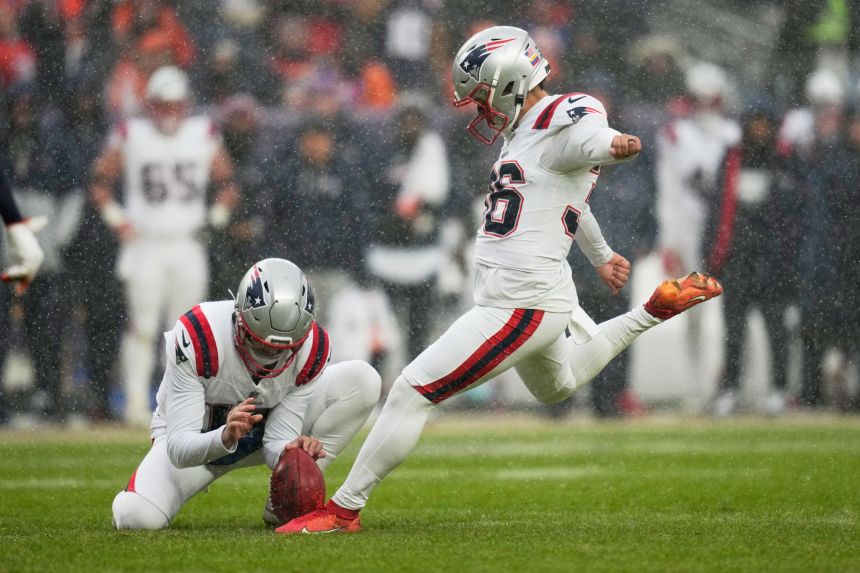 New England Patriots' Andy Borregales kicks a field goal in the AFC Championship.