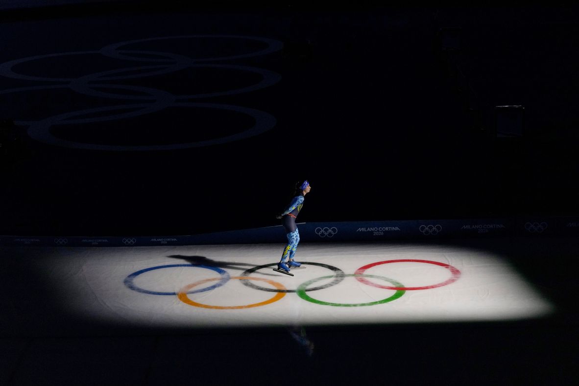 Nadezhda Morozova, a speedskater from Kazakhstan, warms up ahead of the 5,000 meters on February 12.