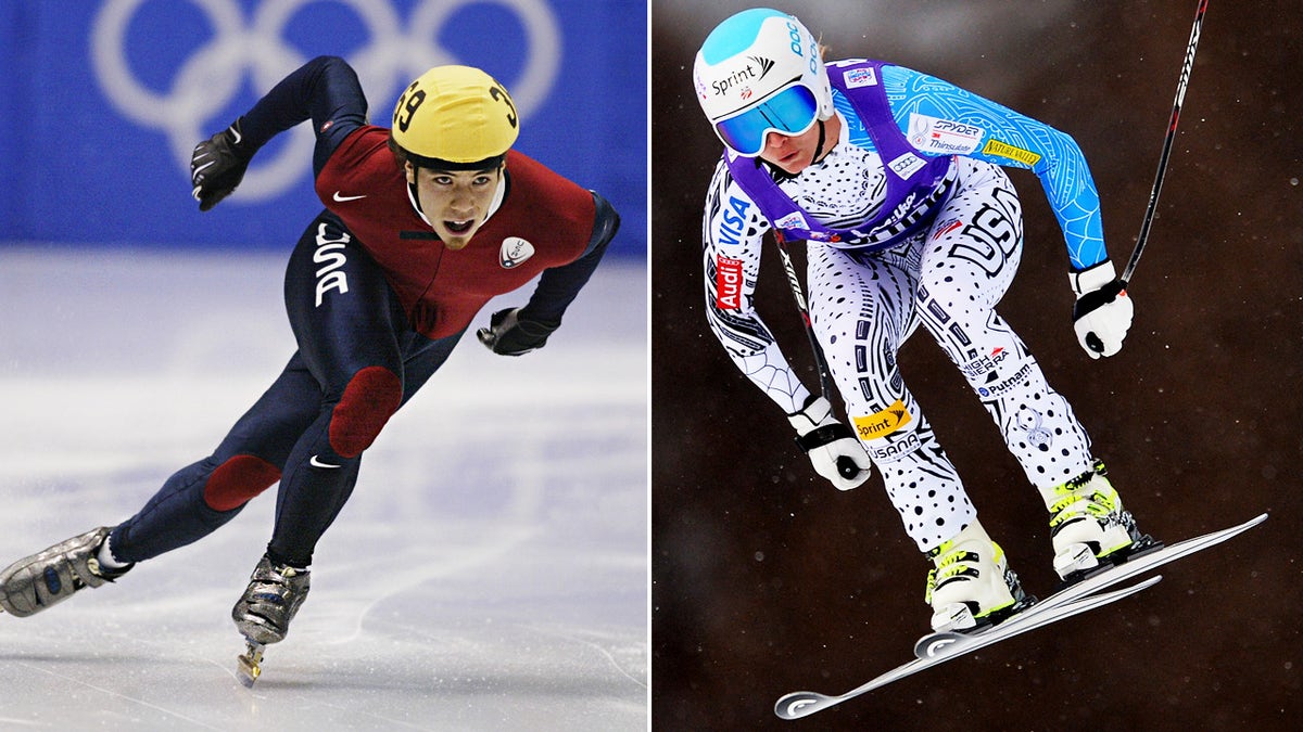 Apolo Ohno speed skating at left; Julia Mancuso midair skiing at right.