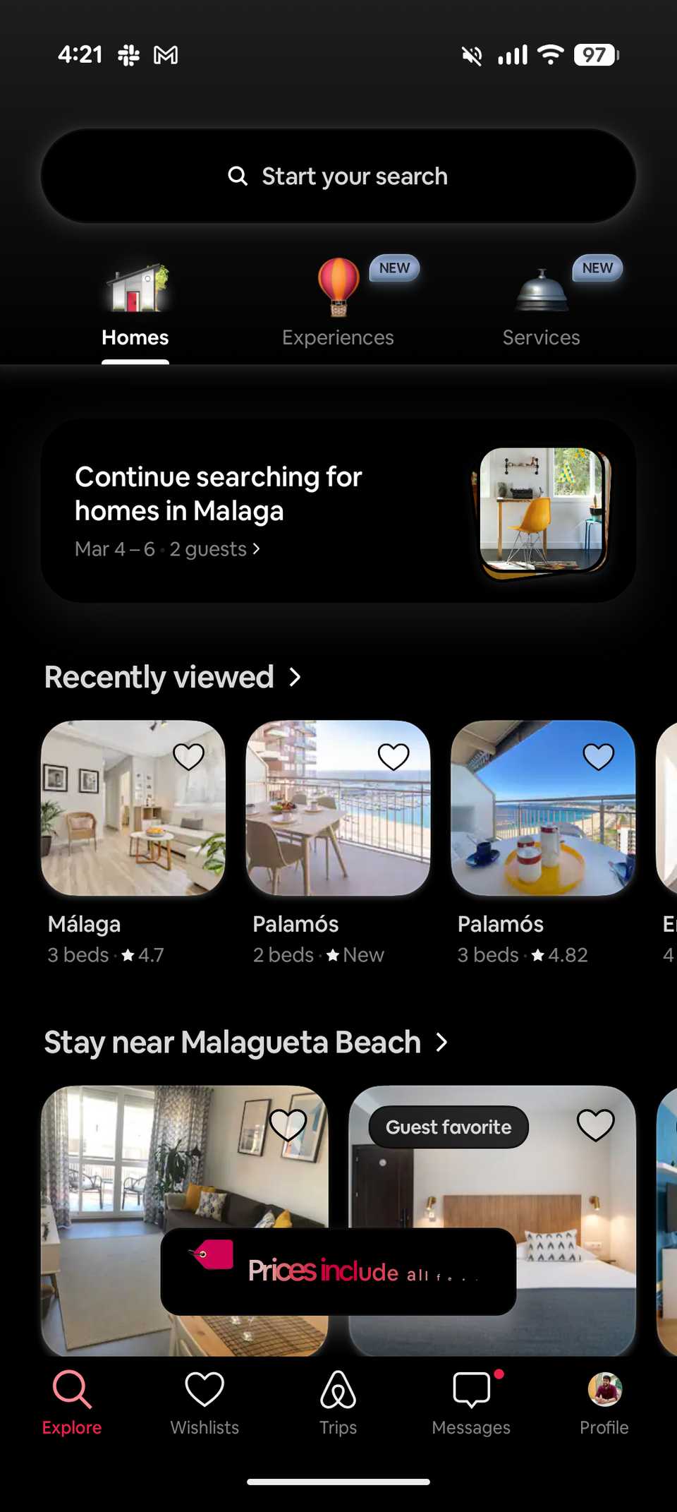 Airbnb app explore page displayed in expanded dark mode