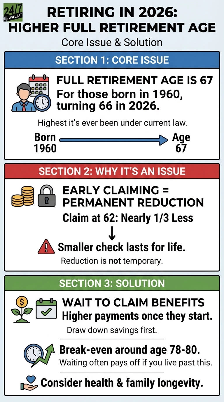 An infographic titled 'Retiring in 2026: Higher Full Retirement Age: Core Issue & Solution', presented by 24/7 Wall St. It is divided into three main sections. Section 1, 'Core Issue', with a blue header, states that the full retirement age is 67 for those born in 1960, turning 66 in 2026. An icon of a person with a calendar and clock, and a timeline graphic showing 'Born 1960' leading to 'Age 67' illustrate this point. Section 2, 'Why It's An Issue', with a red header, explains that early claiming results in a permanent reduction, noting 'Claim at 62: Nearly 1/3 Less' and that a smaller check lasts for life. Icons of coins, a padlock, and a warning triangle are displayed. Section 3, 'Solution', with a green header, suggests waiting to claim benefits for higher payments, drawing down savings first, illustrated by a plant with a dollar sign and a checked calendar icon. It also highlights a 'Break-even around age 78-80', shown with a clock and an upward trending graph, and advises to 'Consider health & family longevity', represented by a hand holding a heart icon.