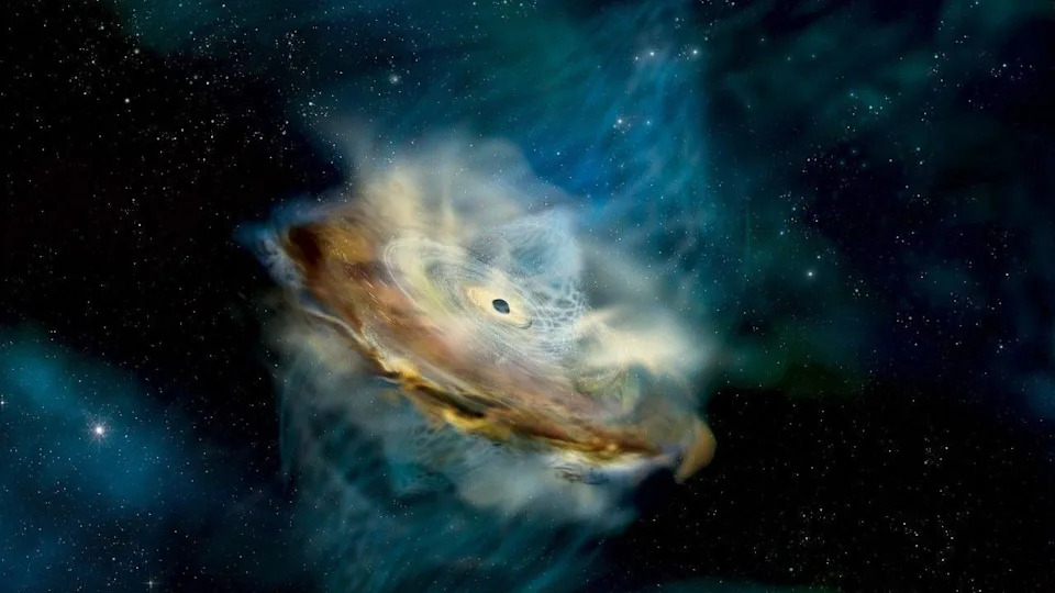  An artist's rendition highlighting the pale, conical swirls that manifest as a corona above the black hole's accretion disk. 