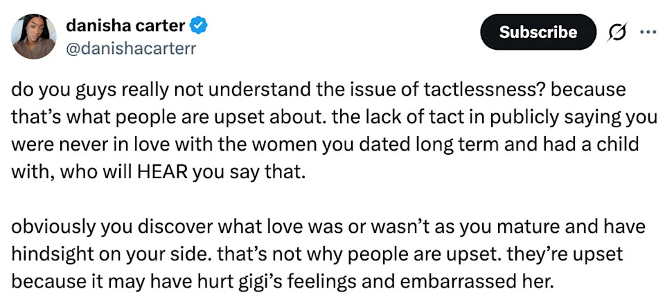 Tweet criticizing someone's public statement about their past relationships, highlighting the insensitivity and potential emotional harm caused