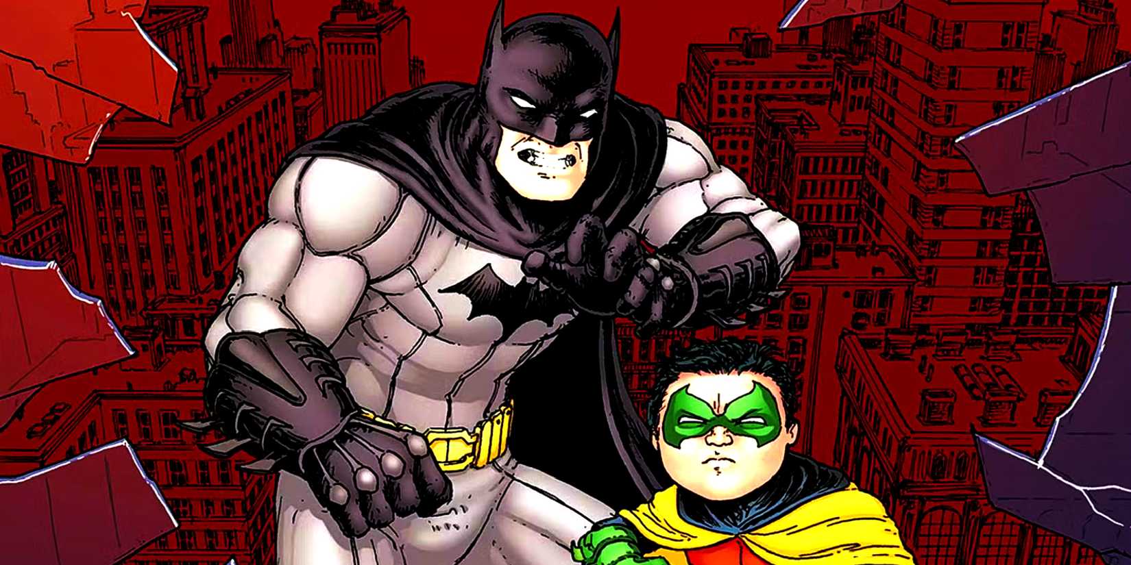 Batman and Damian Wayne fight together behind a broken window in Gotham City